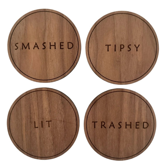 Drunk Expressions | Set of 4 Coasters | Walnut - The Red Door Engraving Company Inc.