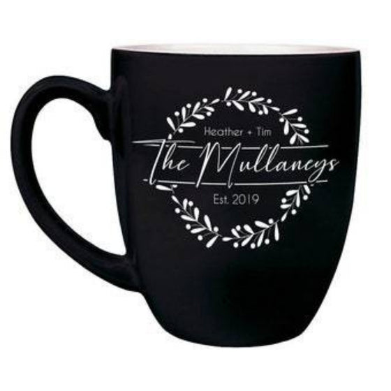 16oz Black Ceramic Bistro Mug - Black on outside white on inside with custom design - The Red Door Engraving Company Inc.