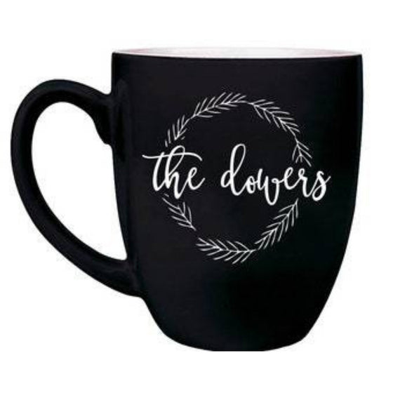 16oz Black Ceramic Bistro Mug - Black on outside white on inside with custom design - The Red Door Engraving Company Inc.