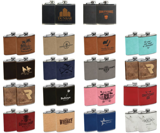 Various Colour Options for the 6oz Leatherette Flask for engraving - The Red Door Engraving Company Inc.