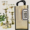 Bottle Jute Bag with black trim  - Double Bottle with example rattan tag - The Red Door Engraving Company Inc.