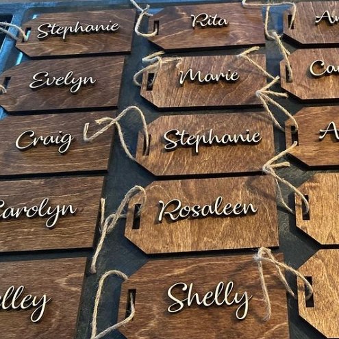 Stained Baltic Birch Wood Gift Tag in provincial with natural Baltic birch first name cut out and adhered to front