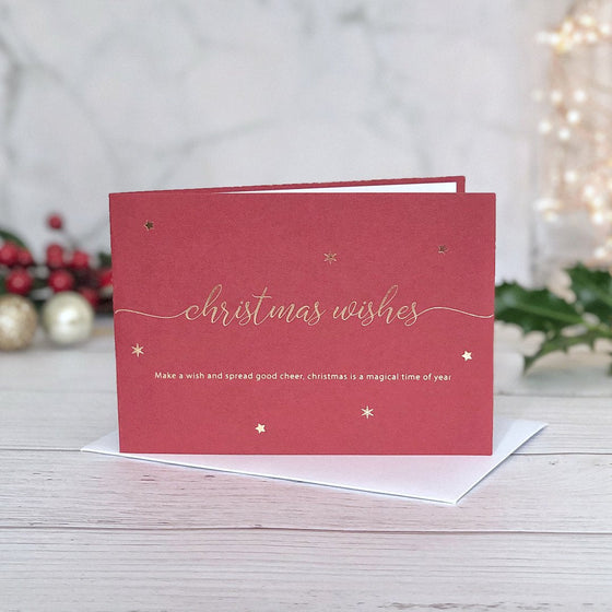 Red with gold font lettering Christmas Wishes Card - engraved messaging included. - The Red Door Engraving Company Inc.