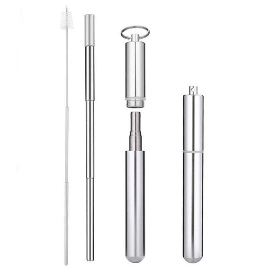 Collapsible Stainless Steel Straw Set Silver - The Red Door Engraving Company Inc.