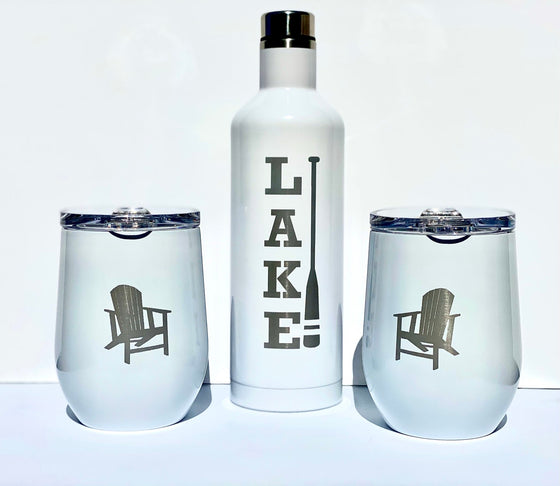 3 pc white wine tumbler set with the word LAKE and an oar on the bottle and Adirondack Chair on each tumbler