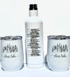 3pc white wine tumbler set. engraved with trees on the bottle and trees with lake name underneath on tumblers.