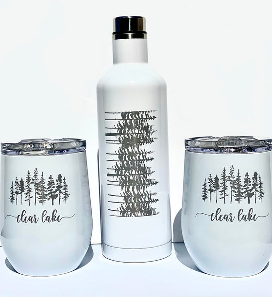 3pc white wine tumbler set. engraved with trees on the bottle and trees with lake name underneath on tumblers.