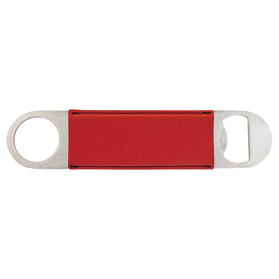 Red leatherette bottle opener with stainless steel openers on both ends