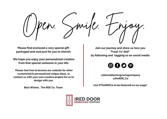 White Just For You Card - Back Side with Open Smile Enjoy - The Red Door Engraving Company Inc.